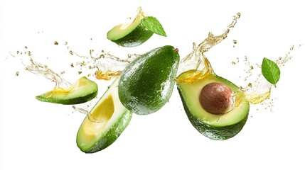 Avocado slices falling down and floating in the air with splash of fruit juice isolated on white background.