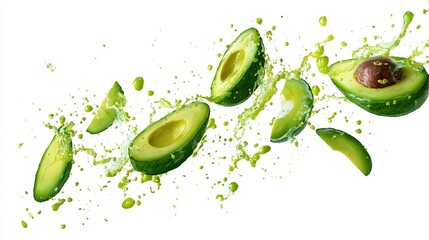 Avocado slices falling down and floating in the air with splash of fruit juice isolated on white background.