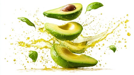 Avocado slices falling down and floating in the air with splash of fruit juice isolated on white background.