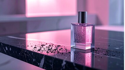 Luxury Perfume Bottle Still Life on Marble Table with Water Droplets and Pink Lighting in a Beauty Editorial Style