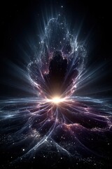 Abstract cosmic energy burst with radiant blue and purple light effects