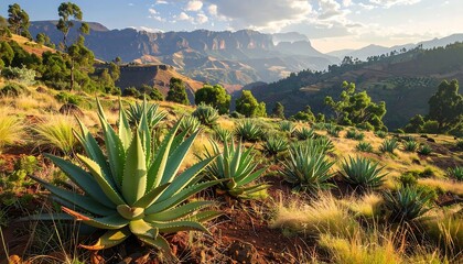 Scenic mountain landscape with aloe vera plants under a bright sky