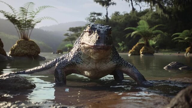 Giant Prehistoric Amphibian Emerging from Shallow Water onto Muddy Land, Symbolizing Evolutionary Transition