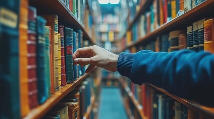 Walking past a bookshelf filled with various books in a modern interior during the day