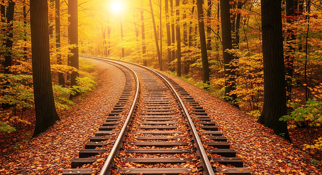 Scenic railway track through autumn forest with sunlight shining.
