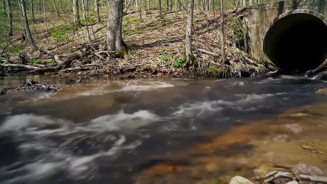 Scenic forest stream with water flowing from a concrete culvert amidst green trees and fallen leaves on a sunny day tranquil nature landscape
