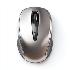 A top view of a sleek silver wireless computer mouse with a gray scroll wheel and buttons on a white background