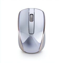 A sleek silver wireless computer mouse with a rose gold accent band and a textured scroll wheel