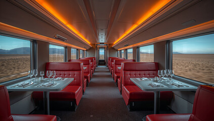 Fototapeta premium Elegant Train Dining Area with Scenic Window Views