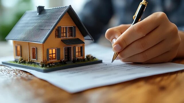 A person signs documents surrounded by a miniature house background, suitable for illustrations or conceptual art