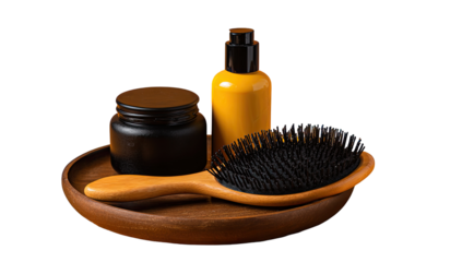 Wooden tray holds dark jar, yellow bottle, and hairbrush