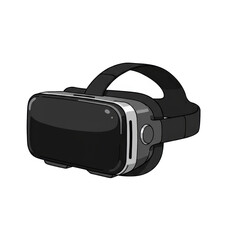 A cartoon illustration of a black virtual reality headset with silver details on a white background.