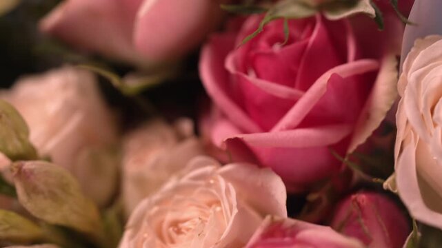 Close-up of pink roses in a bouquet.