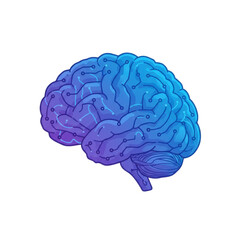 Stylized brain illustration with circuit board design in blue and purple tones.