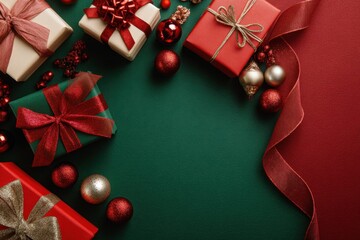 Gift Wrapped Christmas Scene With Red Green Gold Presents And Ornaments On Green Background