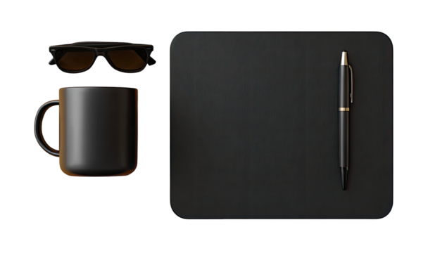 Black desk workspace with mug, sunglasses, and pen