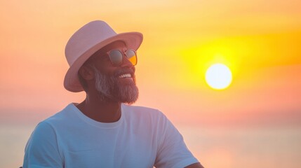 A joyful man in a wheelchair sits by the beach, taking in the beautiful sunset. The vibrant colors of the sky reflect his calm and happy demeanor as he enjoys the view