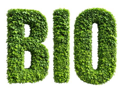 The word BIO shaped from lush green leaves and vines isolated on transparent or white backgrounds