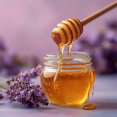 Golden honey dripping from dipper with lavender flowers in pastel purple background.
