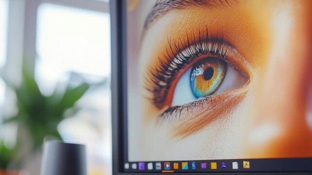 Close-up of a computer screen showing a digital eye, suitable for tech-related concepts and futuristic themes