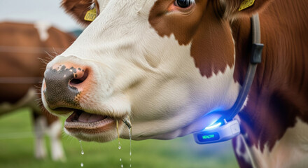 Close up of farm animal cow with drooling mouth. livestock wears smart tech collar with blue sensor for health monitoring and activity tracking on farm