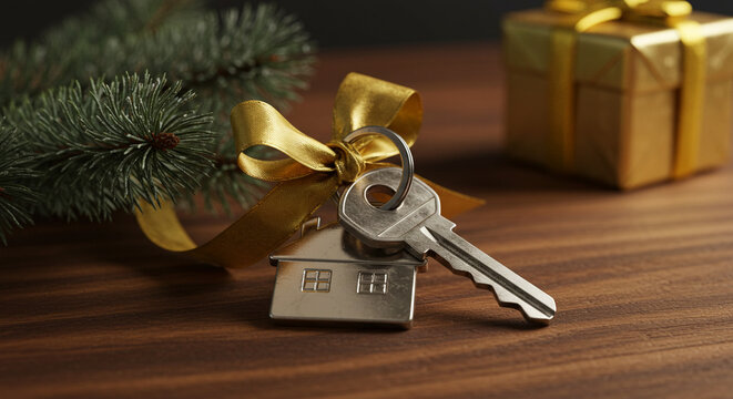 Silver house key with golden ribbon on wooden table, Christmas real estate and new home symbol