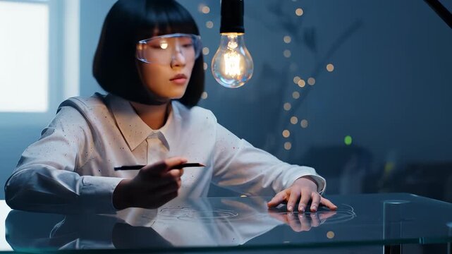 Drawing on glass table by woman. Young girl artist wears safety goggles and glasses while sketching. Designer and engineer focus under hanging lamp. Hands trace line on glass surface during sketch.