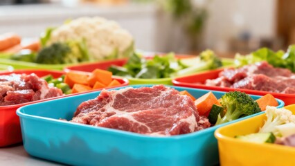 Process of preparing bowls with natural raw pet dog food at home. Fresh meal prep with colorful containers of meat and vegetables.