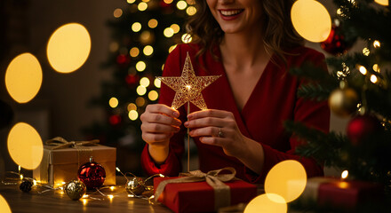 Woman smiling while placing star topper on Christmas tree, festive holiday celebration with glowing lights