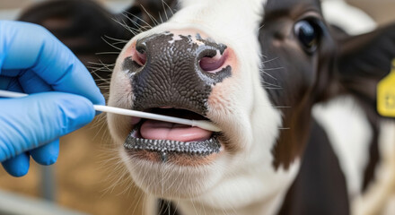 Curious animal on modern farm gets health check using new tech. veterinarian takes swab sample from calf mouth for medical test on livestock health