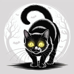 Mysterious black cat with glowing eyes against a full moon silhouette
