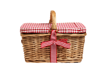 Wooden picnic basket with red gingham lid