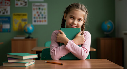 Kid covering book with arms at school desk, student shyness and education setting