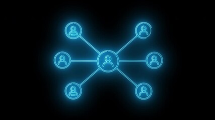 Futuristic digital illustration of a glowing blue social network with interconnected user profiles on a black background