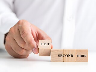 hand holding wooden block showing 1st 2nd 3rd position, 