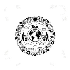 Obraz premium Global Eco-Friendly Cycle, Recycle Theme Frame Vector Icon with Earth Globe, Renewable Energy and People Caring for the Environment