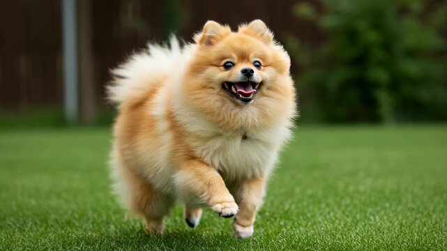 A happy pomeranian dog running on the grass with its tongue out