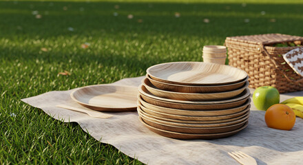 Biodegradable plates stacked at picnic on grass with fruit and basket, promoting eco-friendly outdoor dining and sustainability