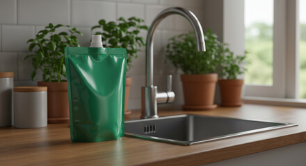 Eco-friendly detergent beside sink with potted herbs in kitchen, sustainable home cleaning solution