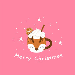 Christmas and Happy New Year greeting card. Mug and cup of hot coffee, punch, cacao with whipped cream, marshmallow and candy cane. Poster or cover design for Xmas, New year or winter holidays