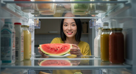Asian woman placing watermelon slice in fridge, healthy eating and fresh produce storage