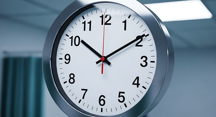 A classic silver analog wall clock hanging in a professional office or hospital setting.