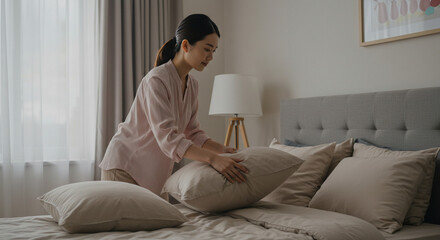 Asian woman tidying up bedroom by arranging pillows on bed in morning light, home organization and lifestyle simplicity