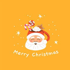 Christmas and Happy New Year greeting card. Mug and cup of hot coffee, punch, cacao with whipped cream, marshmallow and candy cane. Poster or cover design for Xmas, New year or winter holidays