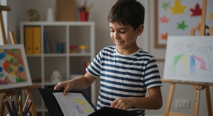 Boy placing drawing into portfolio in art classroom, fostering creativity and education
