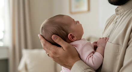 Muslim father holding baby in arms at home, parenthood and family bonding