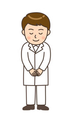Fototapeta premium 頭を下げてお辞儀する若い男性薬剤師のイラスト