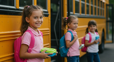 Obraz premium Kids standing near school bus holding lunchboxes, back to school and childhood joy