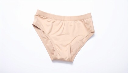 Naklejka premium White bikini-style underwear made of smooth fabric with elastic waistband, minimalistic design with no patterns or embellishments, placed against neutral background for fashion or apparel context.