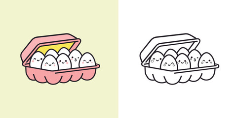 Cute eggs in carton – color and outline vector illustration